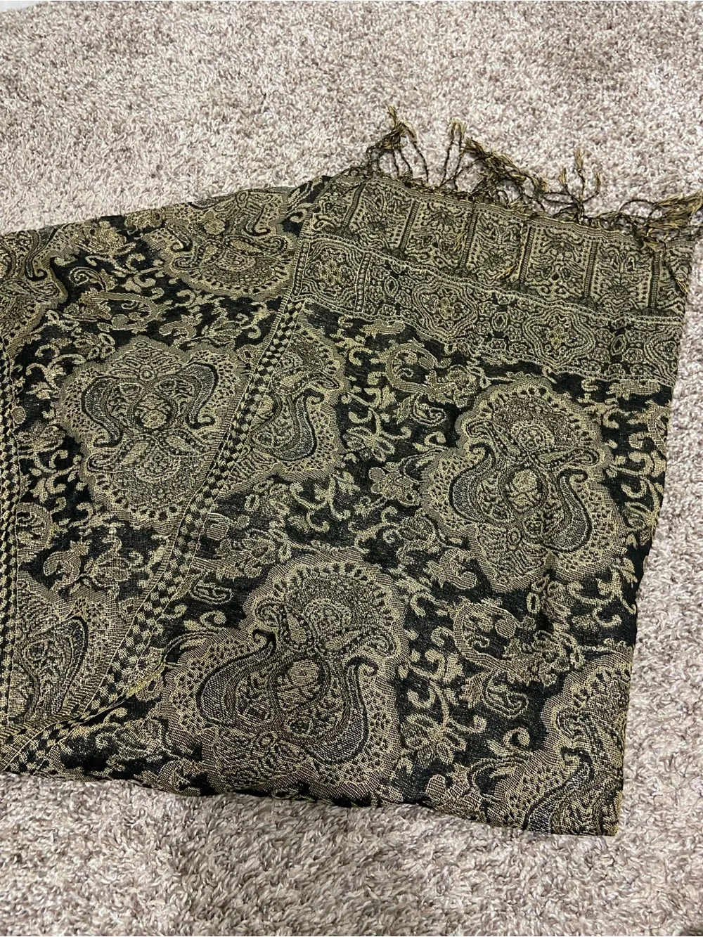 Elegant Black and Metallic Gold Paisley Scarf